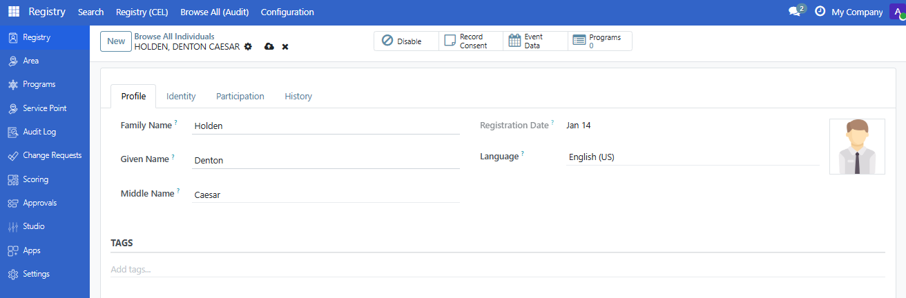 Profile tab with name fields