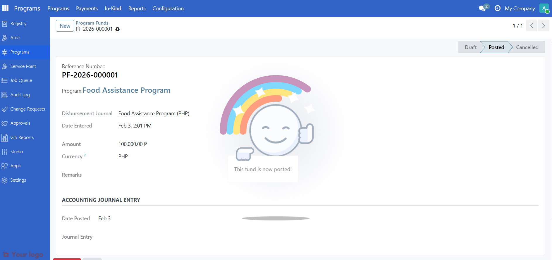 Success message after posting program fund