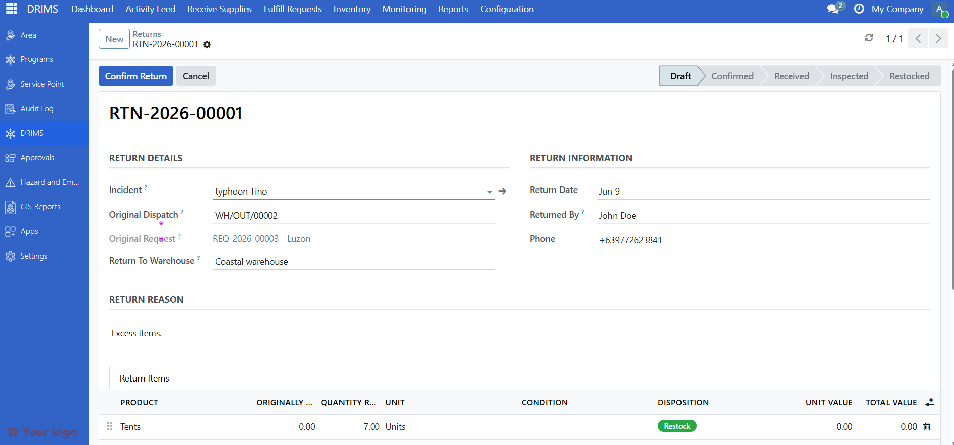 Return details form with incident, original dispatch, return to warehouse, and date fields filled in