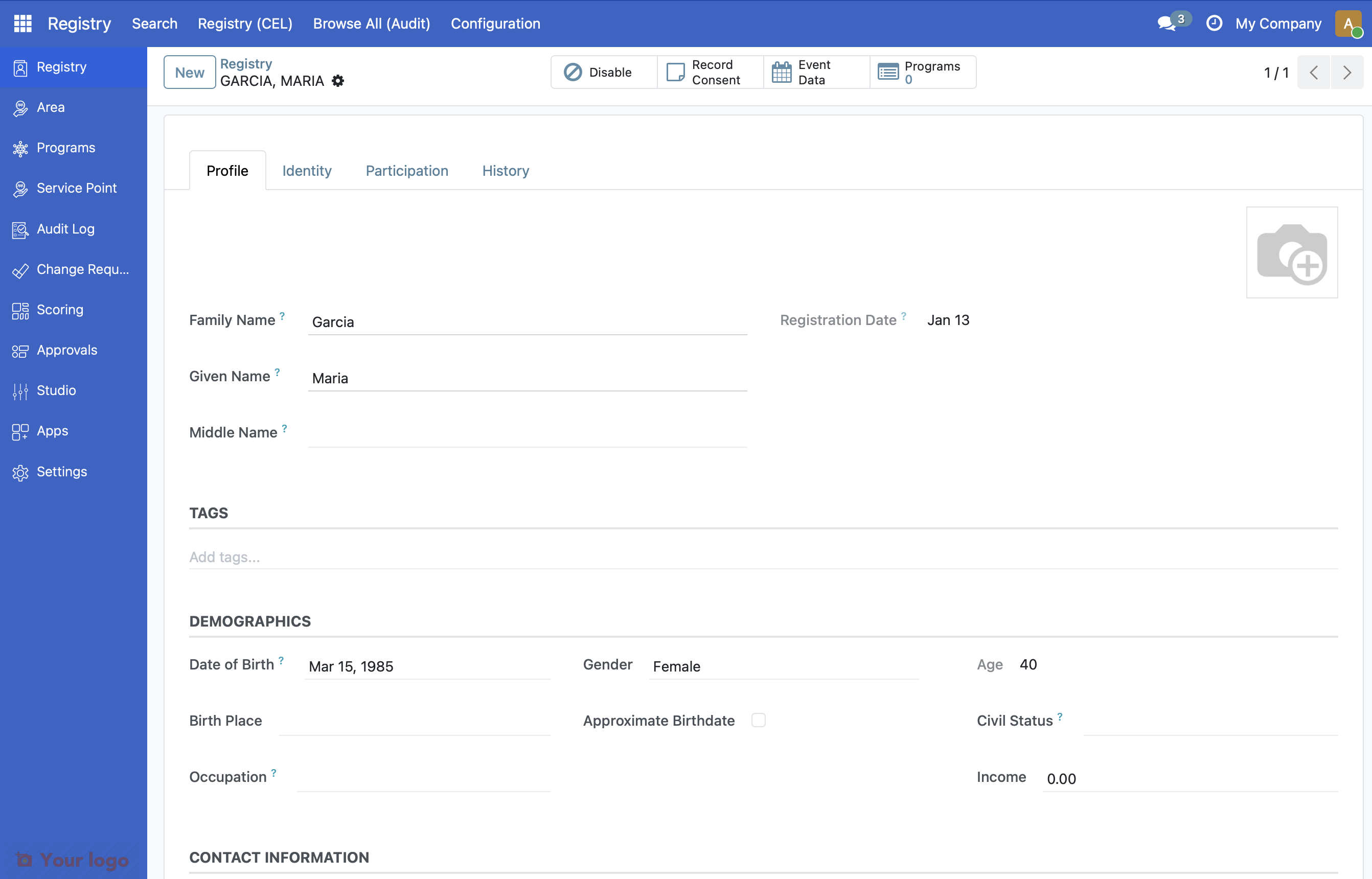 Screenshot: Saved individual record