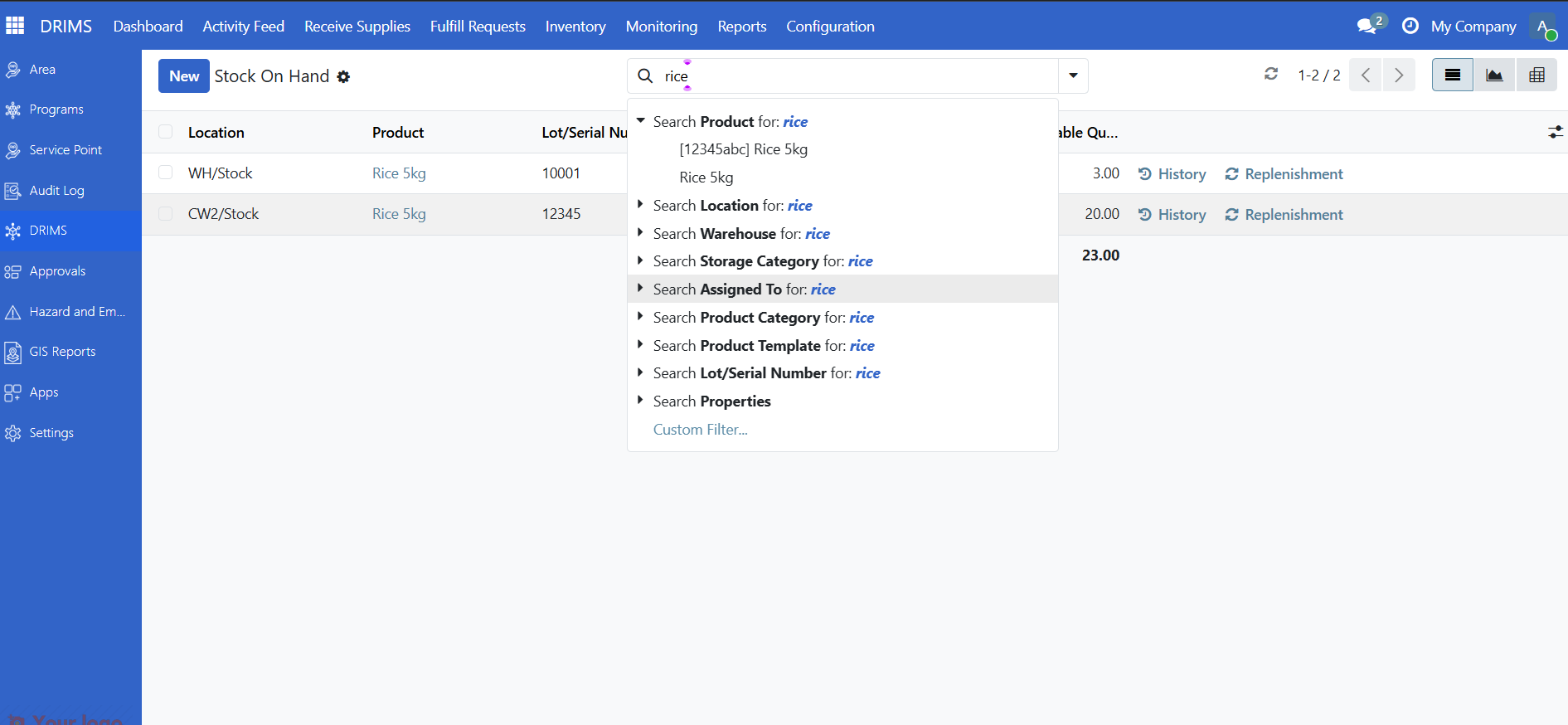 Search bar with a product name entered and results filtered