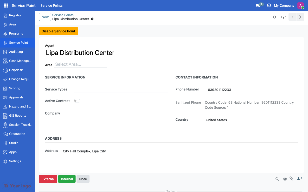 Service point form showing agent details, area, and contract status