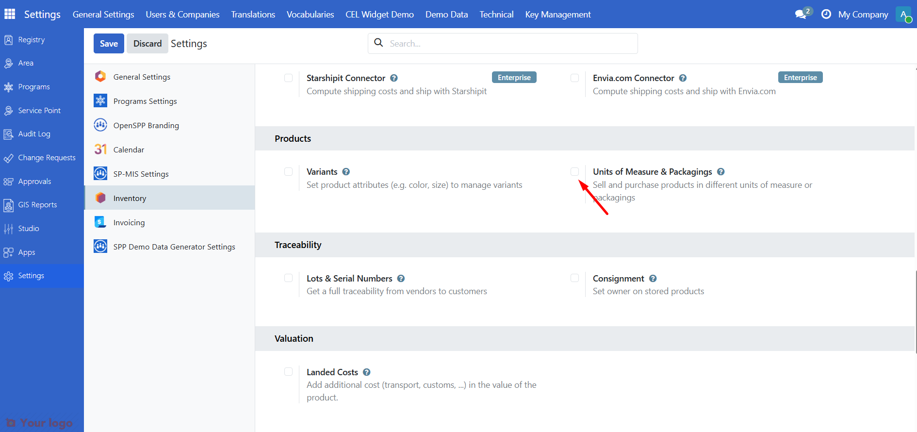 Settings > Inventory with Unit of measure and packaging enabled