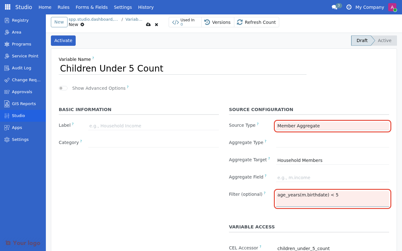Variable form showing aggregate configuration with filter