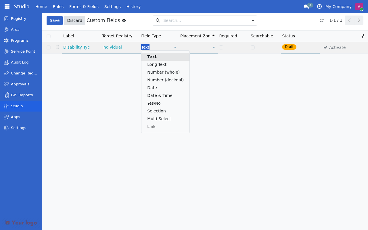 Field type dropdown showing available options