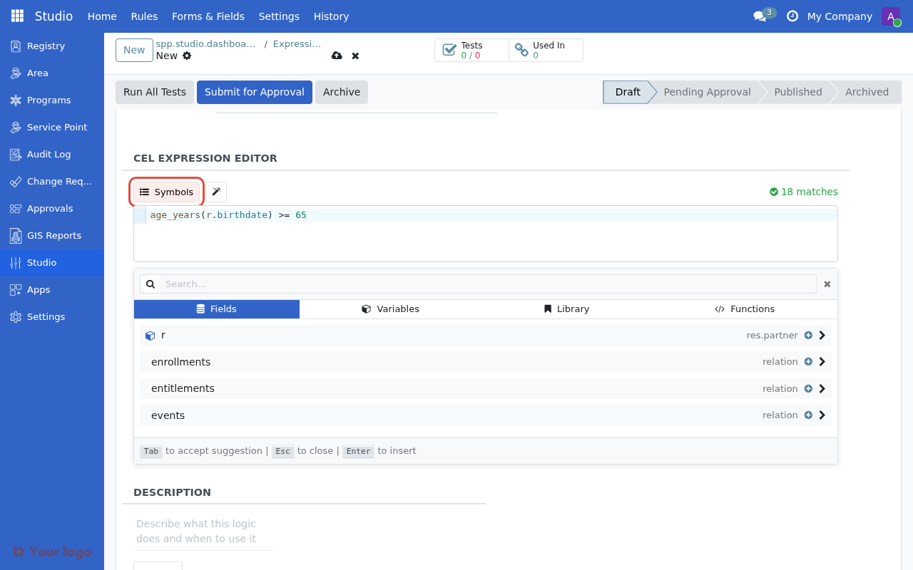 Symbol browser showing available functions