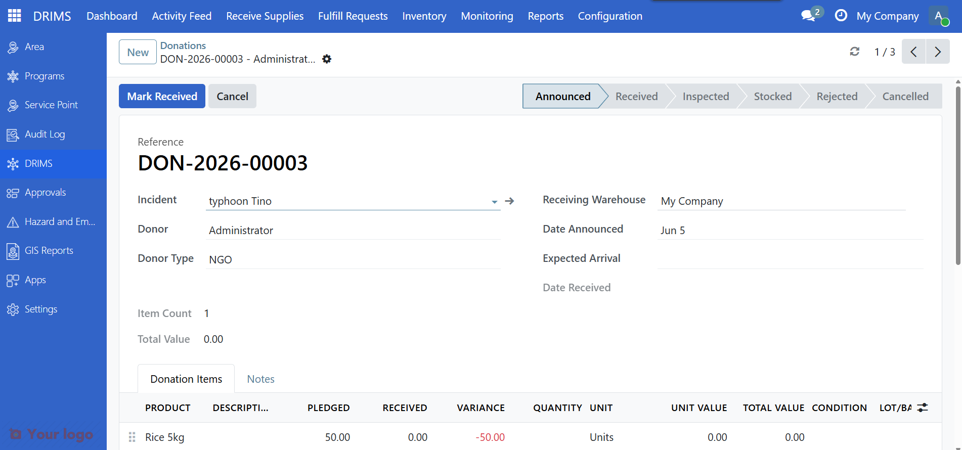 Donation form showing incident, warehouse, donor, and status fields