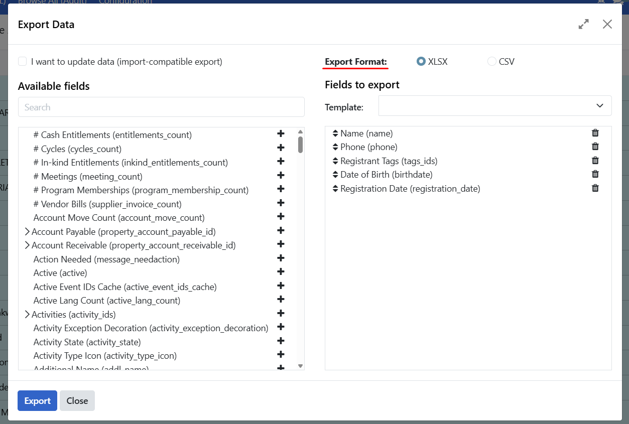 Export format selection