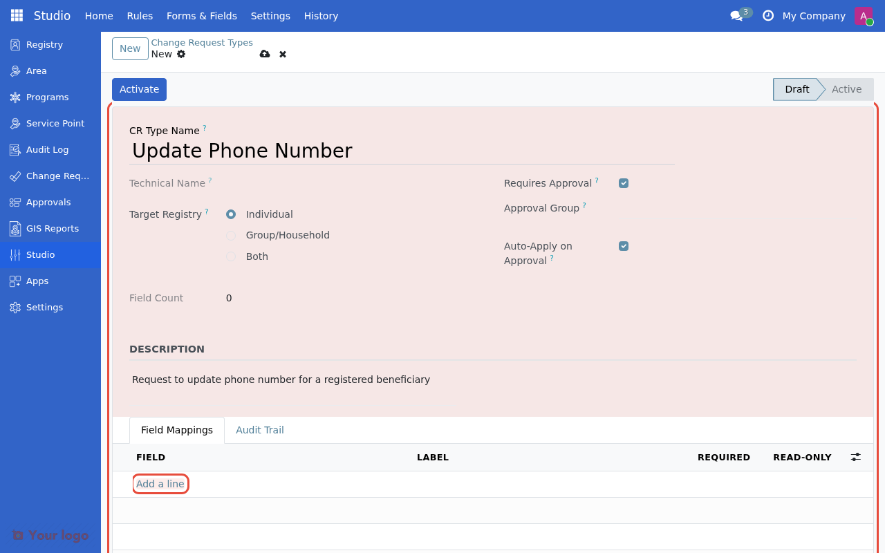 Empty Field Mappings tab with Add a line link highlighted