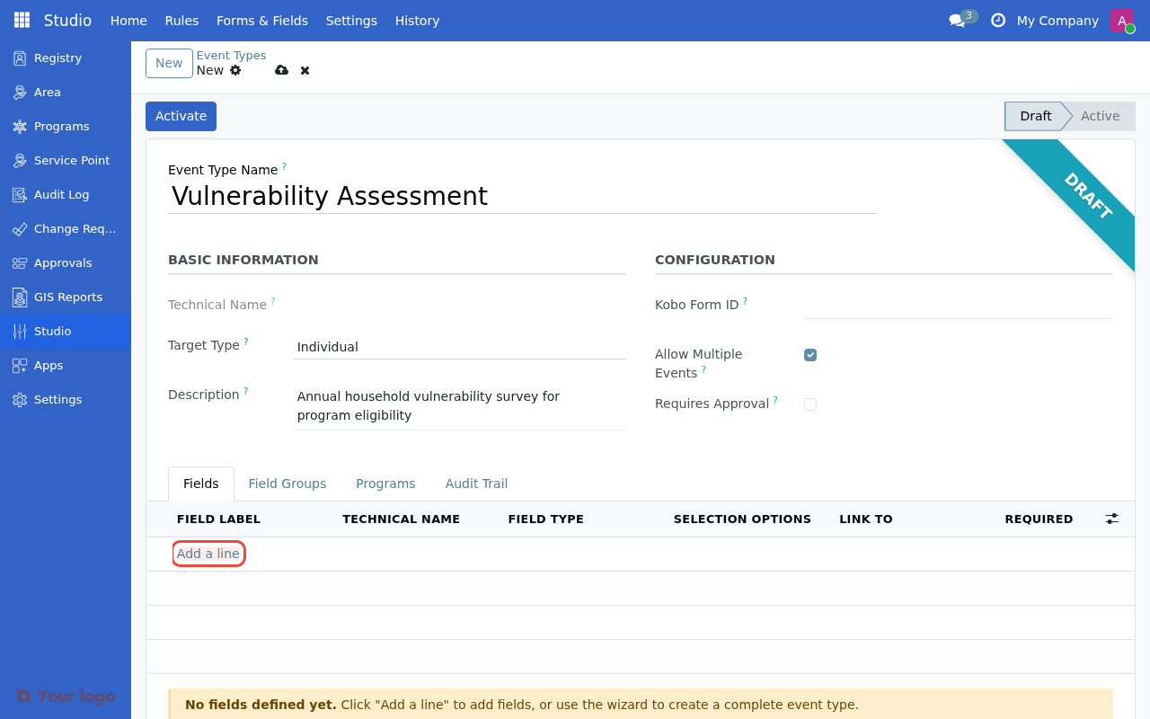 Empty Fields tab with Add a line link highlighted