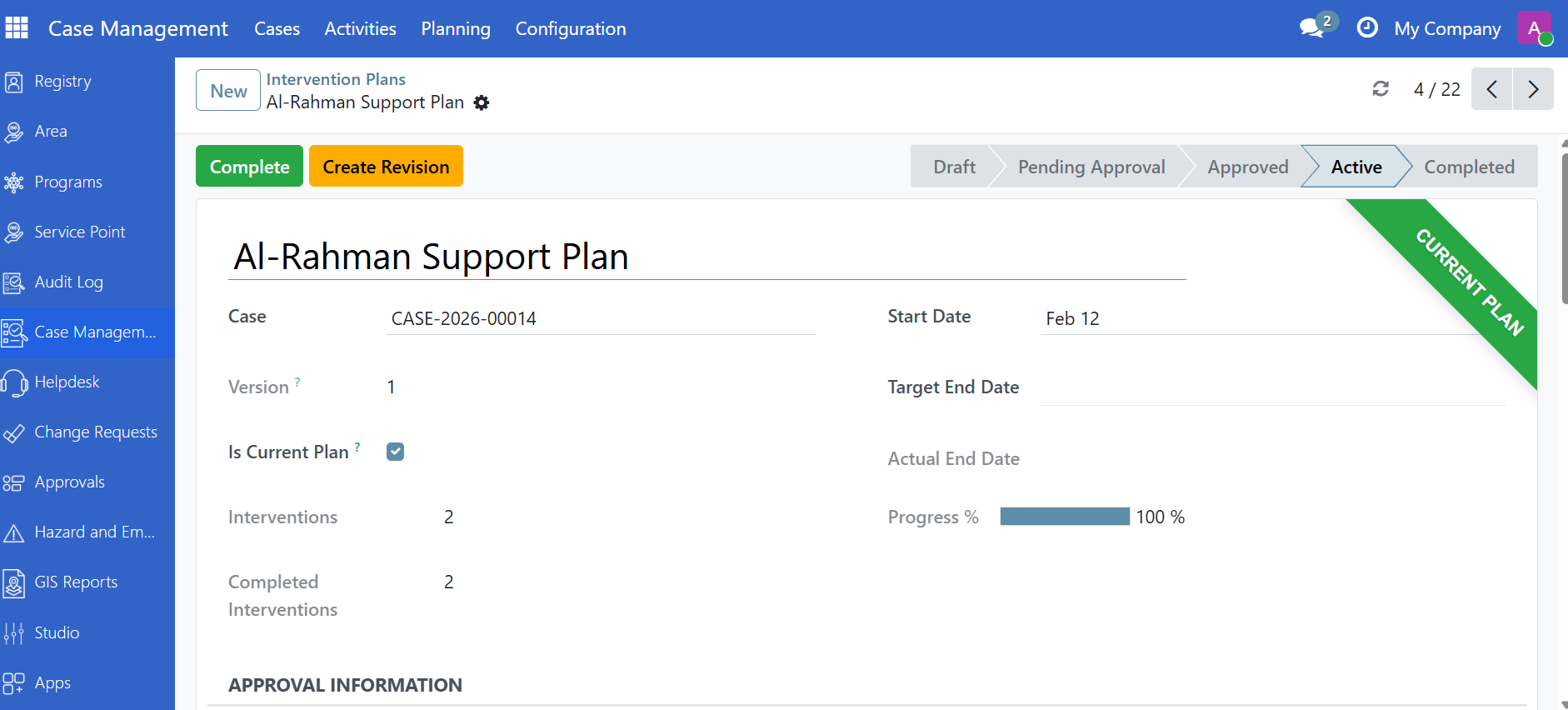 Intervention plan form showing the list of interventions with target dates and status