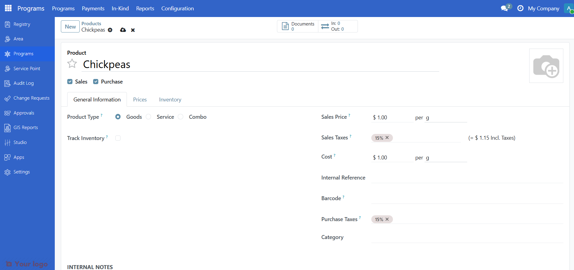 New product form with key fields