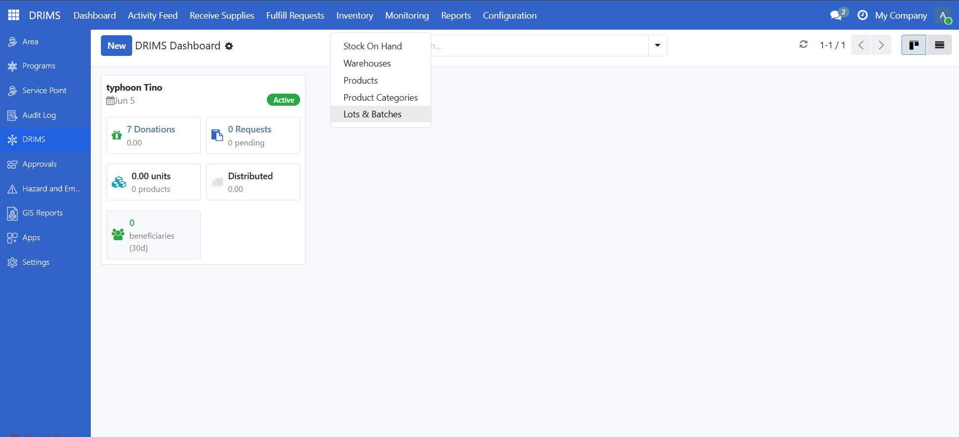 DRIMS sidebar showing Inventory > Lots & Batches navigation