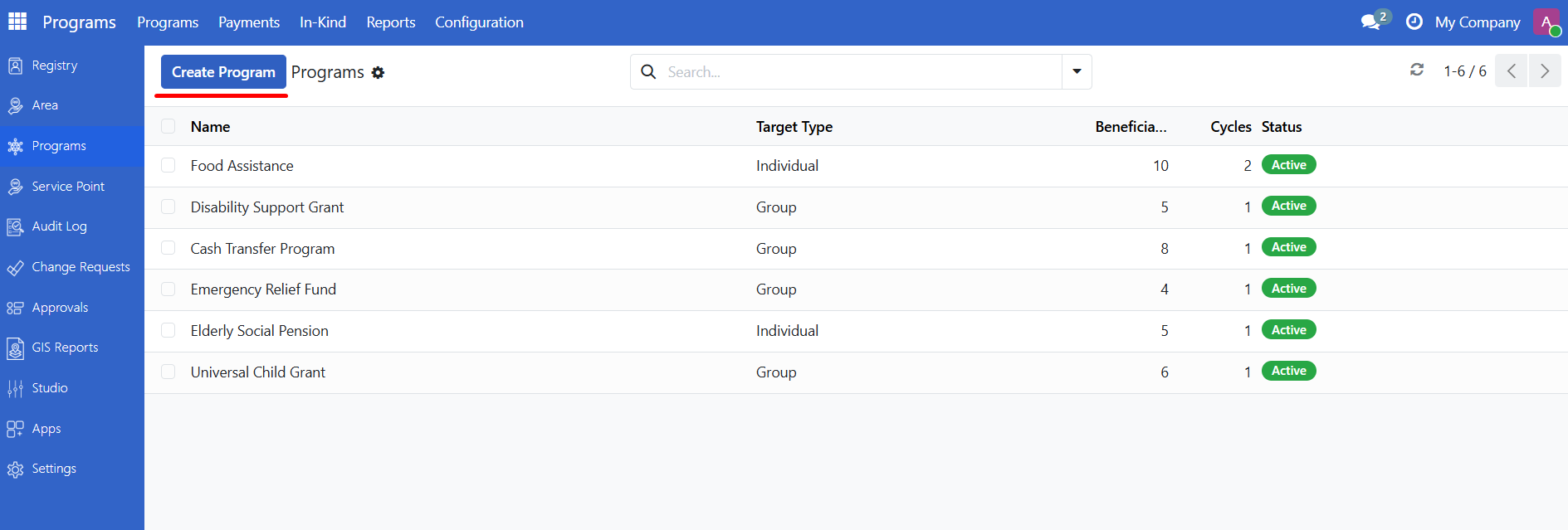 Programs list with Create button highlighted