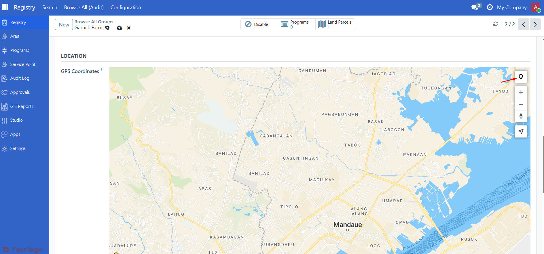 Registrant map view showing the tool icon and a pinned location