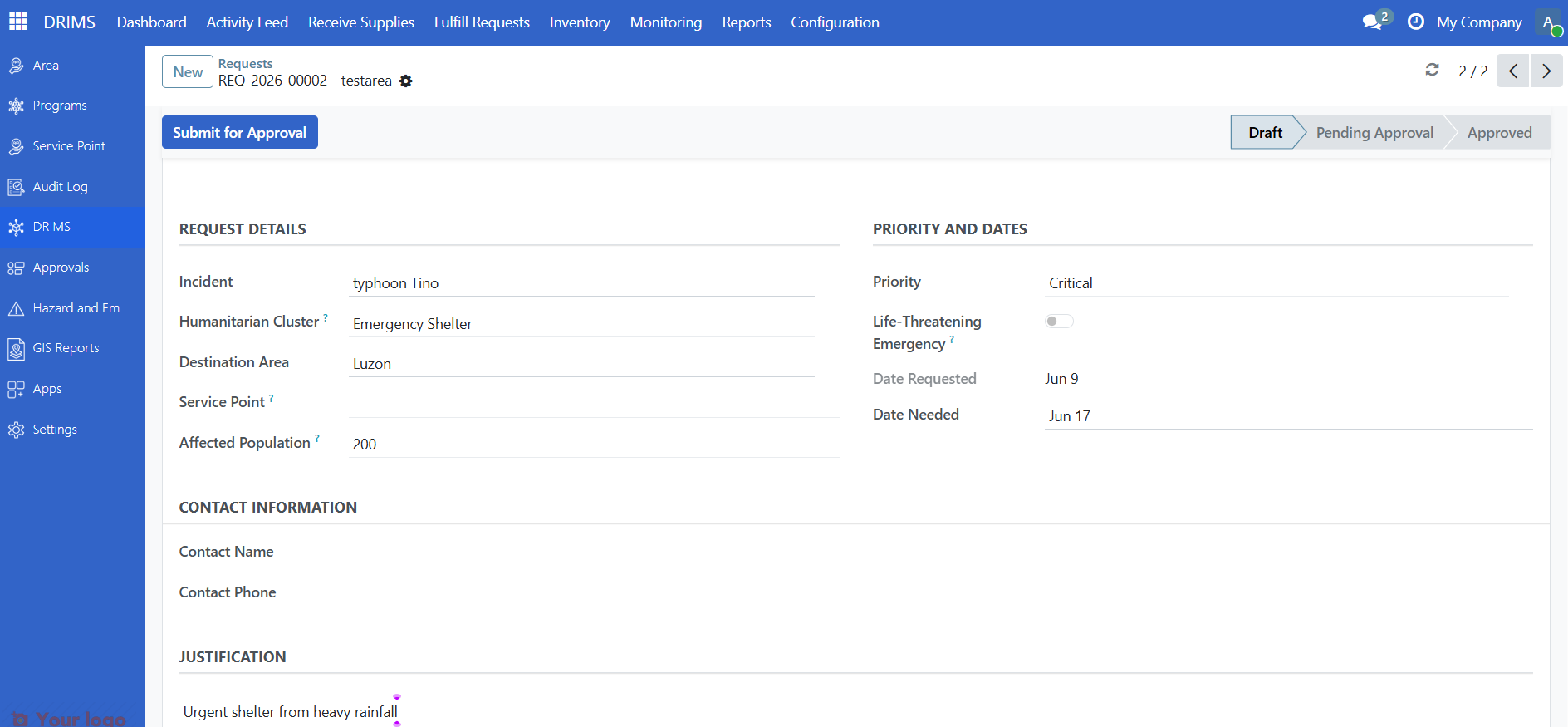 Request form with incident, area, priority, and date fields filled in