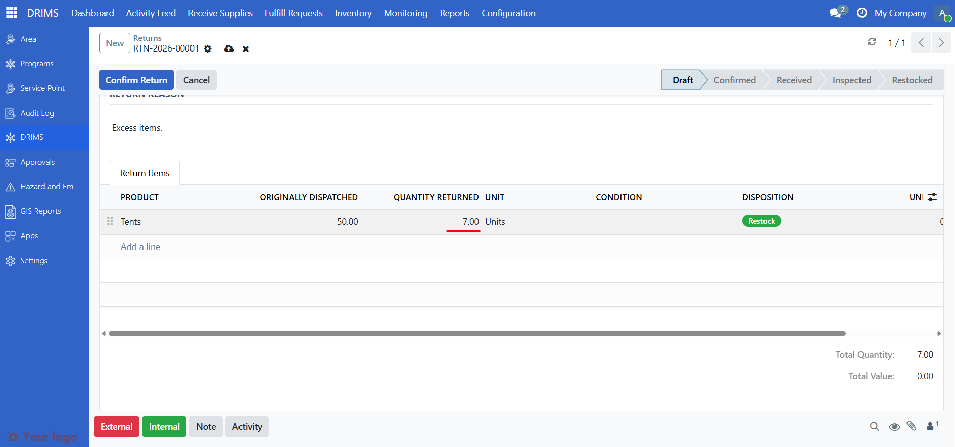 Return Items tab with product, quantity, condition, and disposition columns