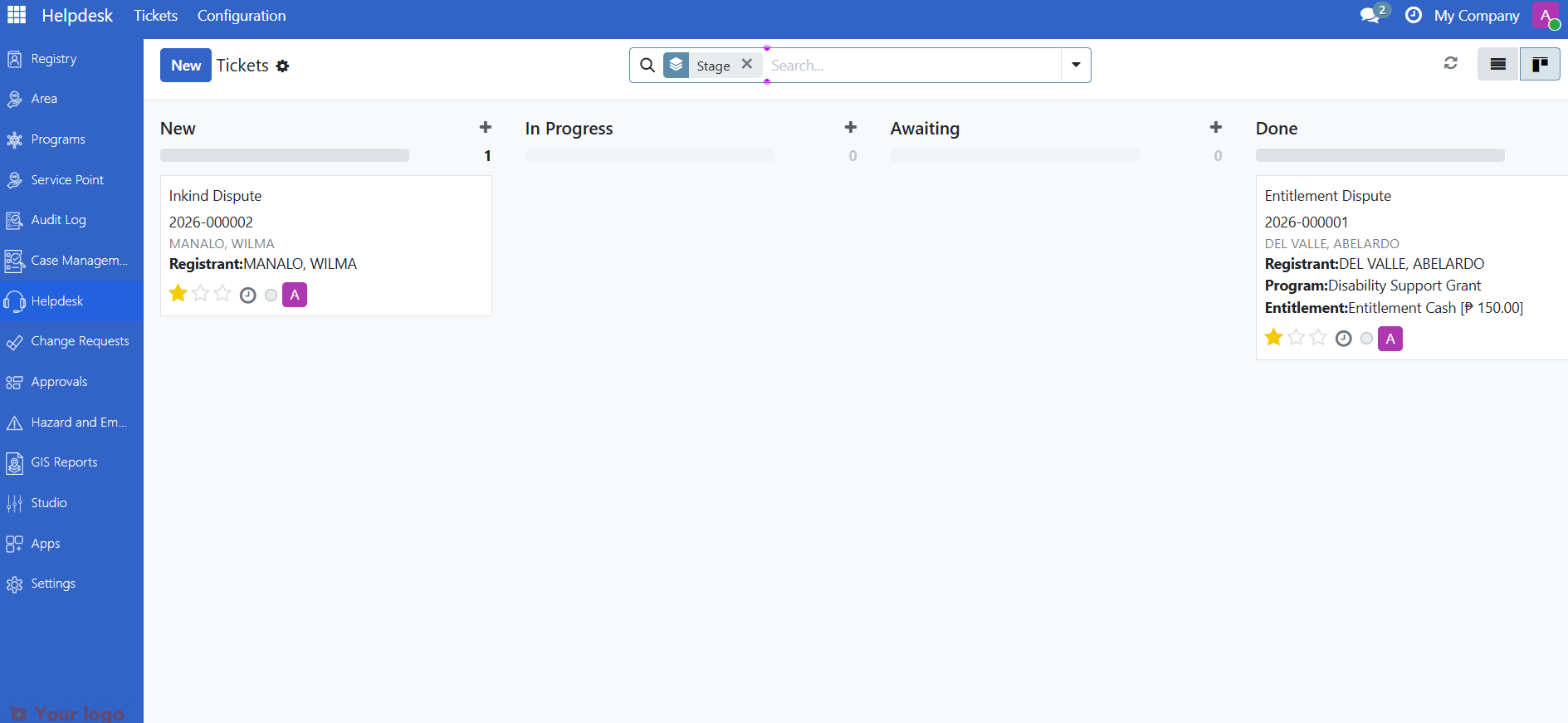 Ticket kanban board showing tickets grouped by stage
