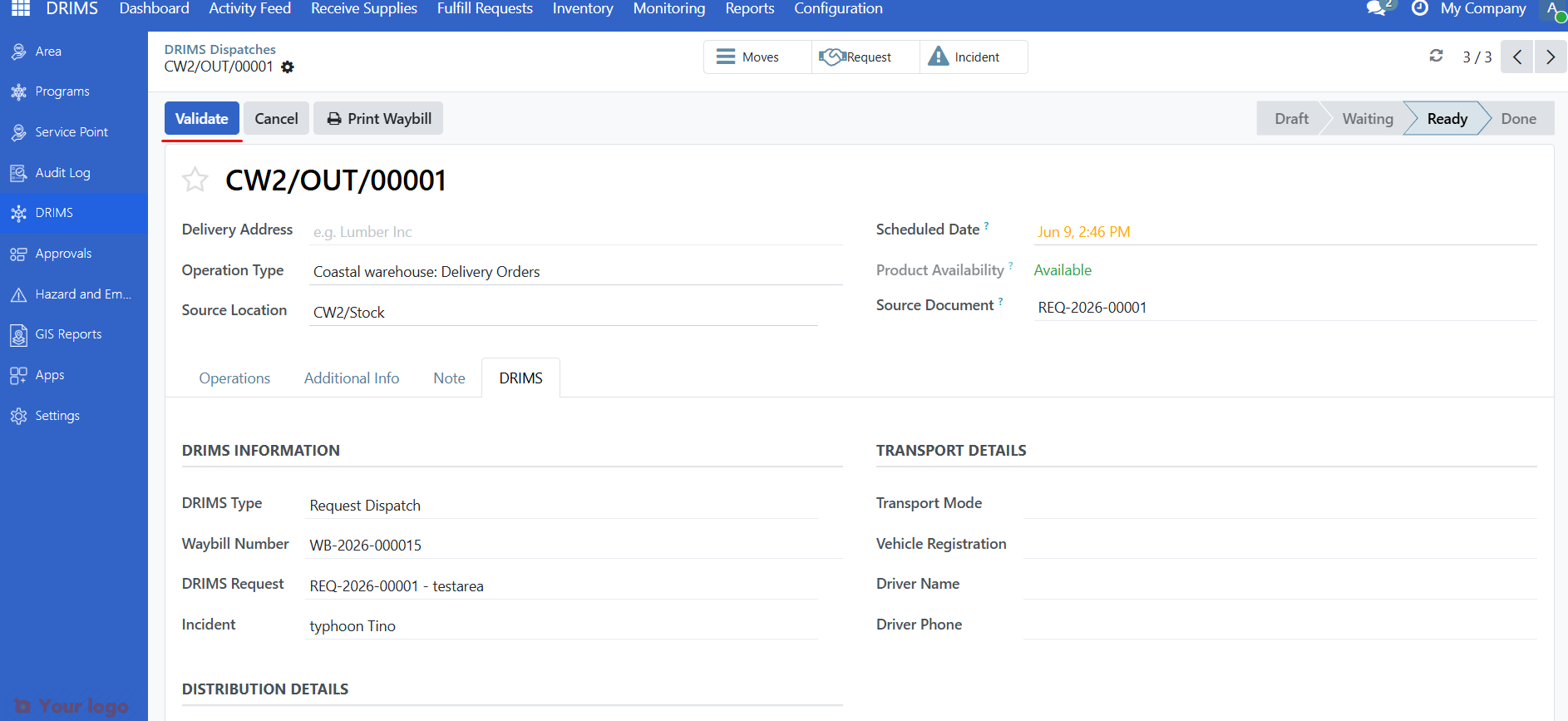Validate button on a Ready dispatch