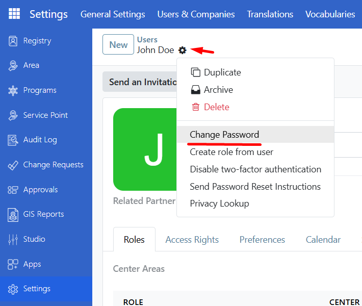User form with Action menu and Change Password