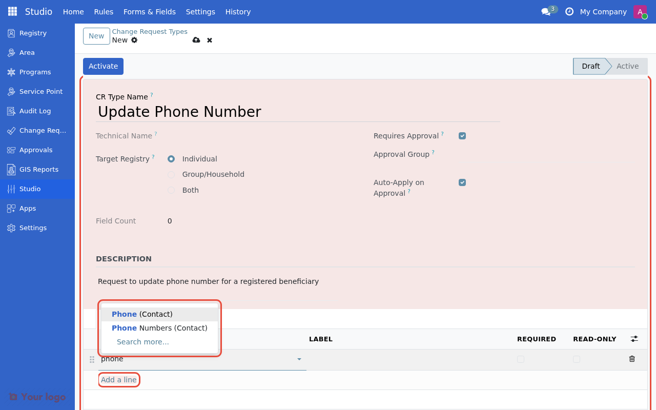 Field selection dropdown showing available registry fields