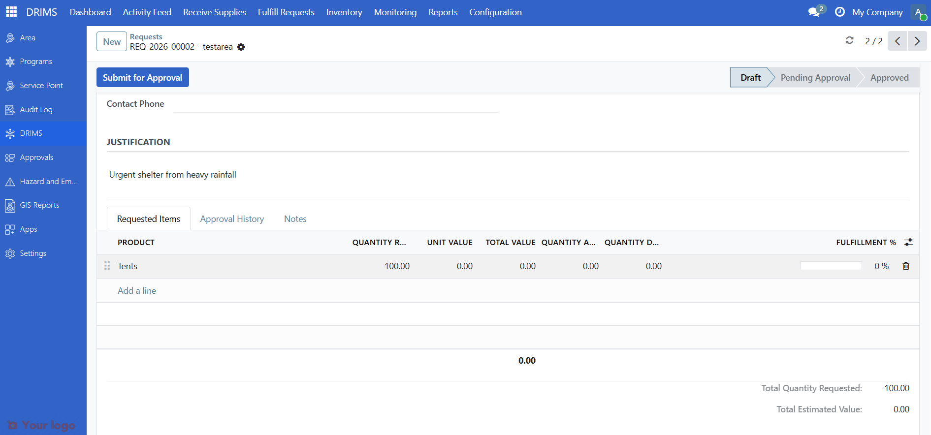 Requested items table with product, quantity, and unit columns
