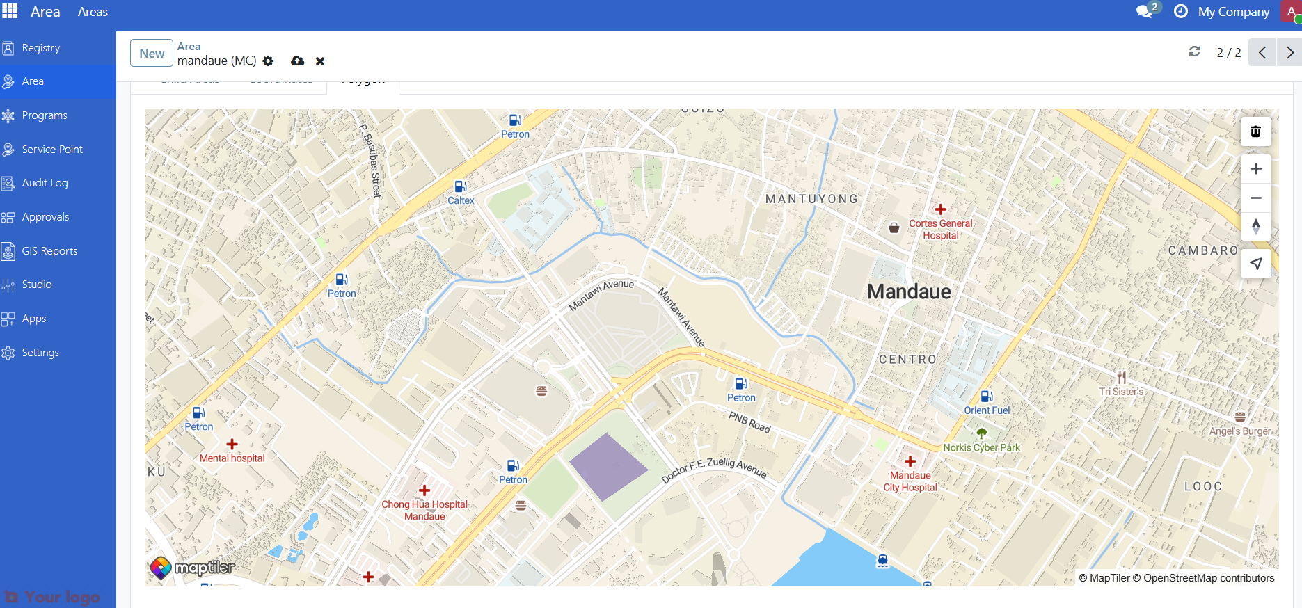 Area map view showing the Polygon tab with raster and data layer controls