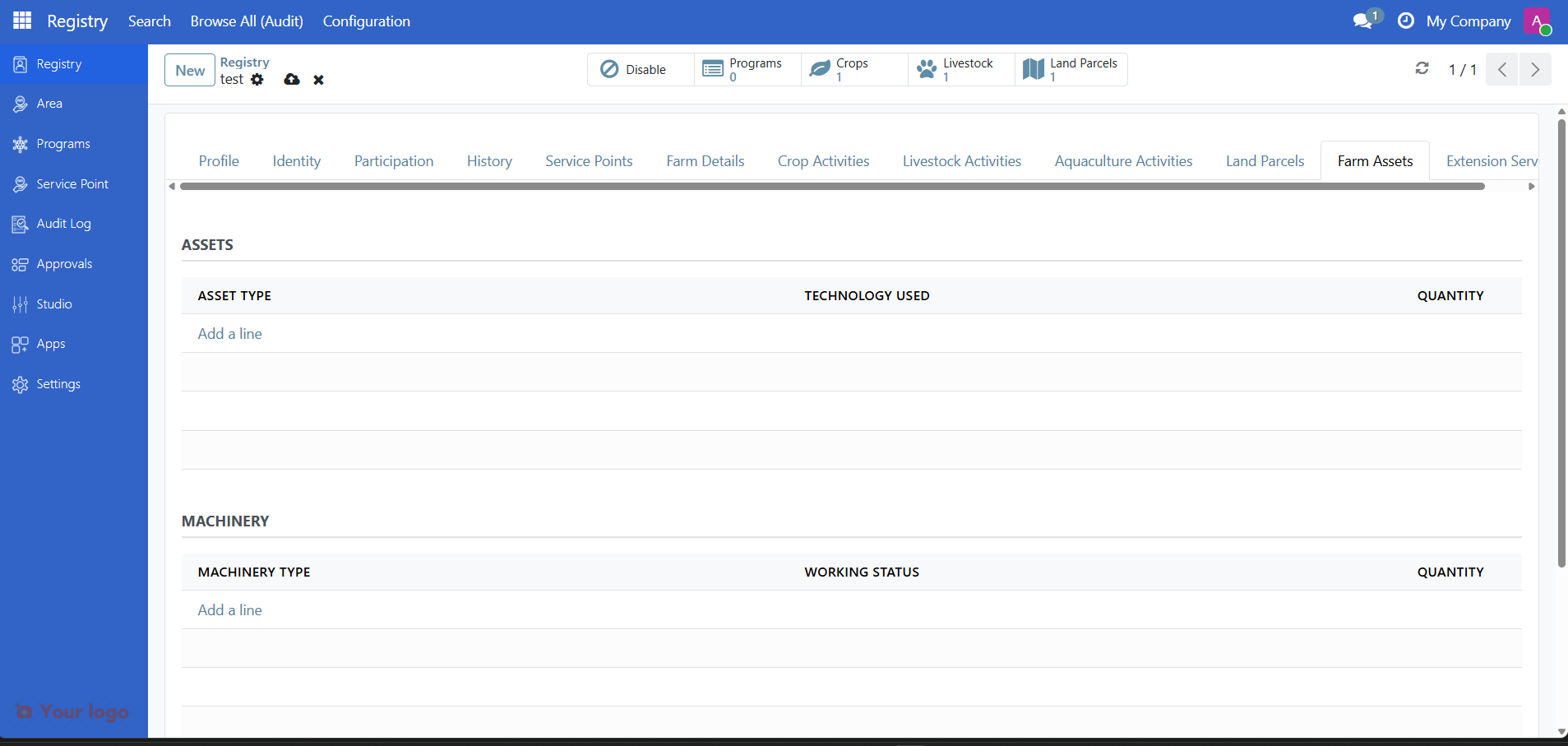 Assets tab showing a list of farm equipment and machinery records