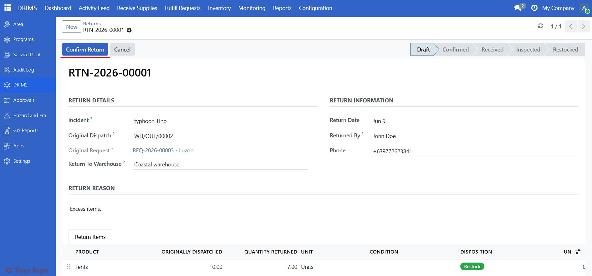 Confirm Return button in the return form header