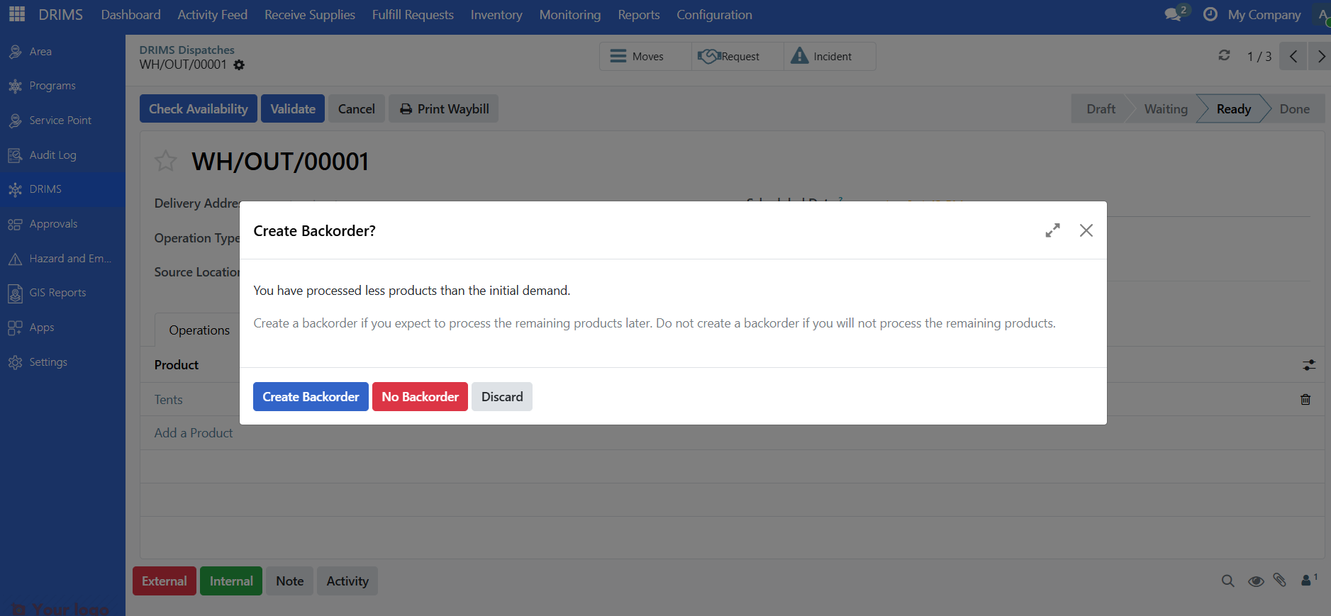 Create Backorder dialog asking whether to process remaining products later