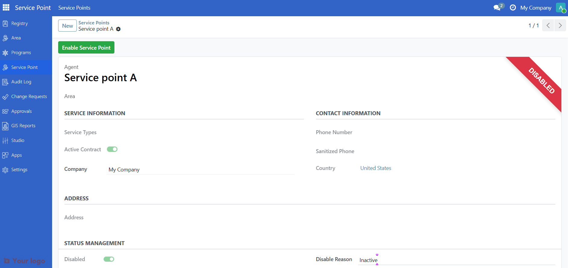 Disabled service point showing status