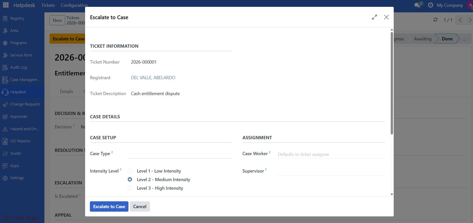 Escalate button and escalation wizard dialog