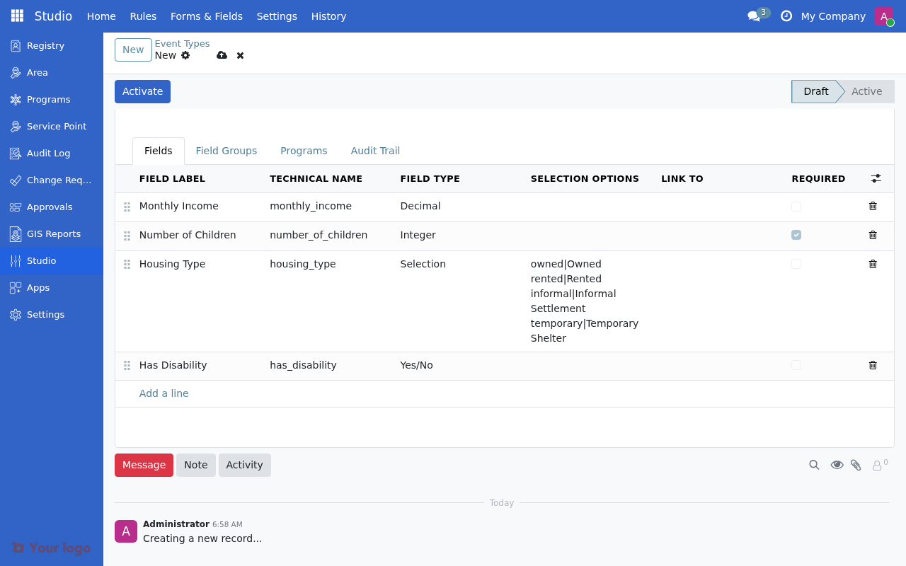Fields tab showing multiple fields added with labels and types