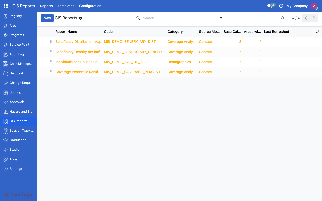GIS reports list showing generated reports