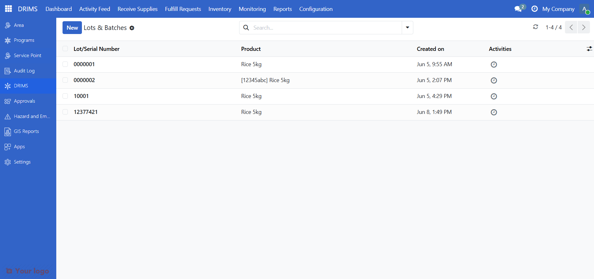 Lots & Batches list showing lot number, product, and created date