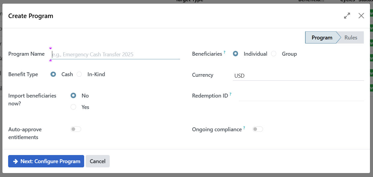 Program creation wizard - Step 1: Basic information form