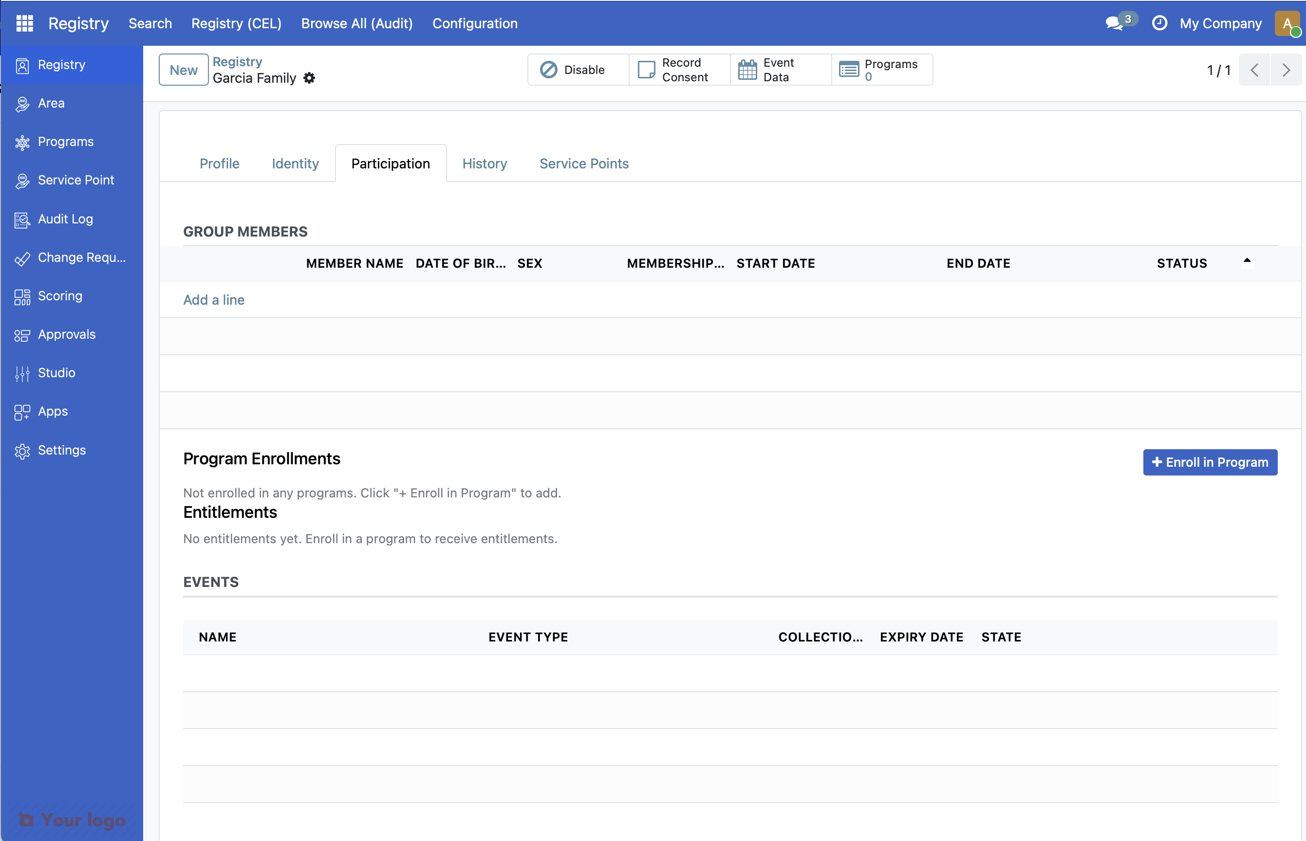 Screenshot: Saved household record showing empty members section