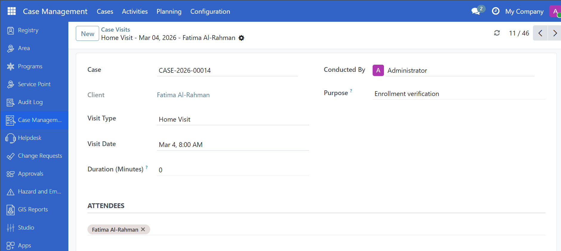 Visit log form showing date, visit type, location, and notes fields