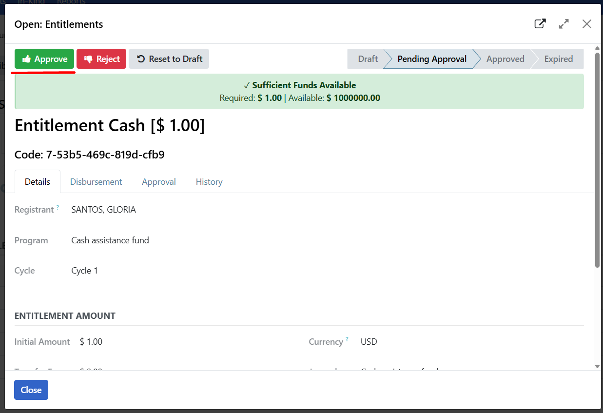Approve entitlement button