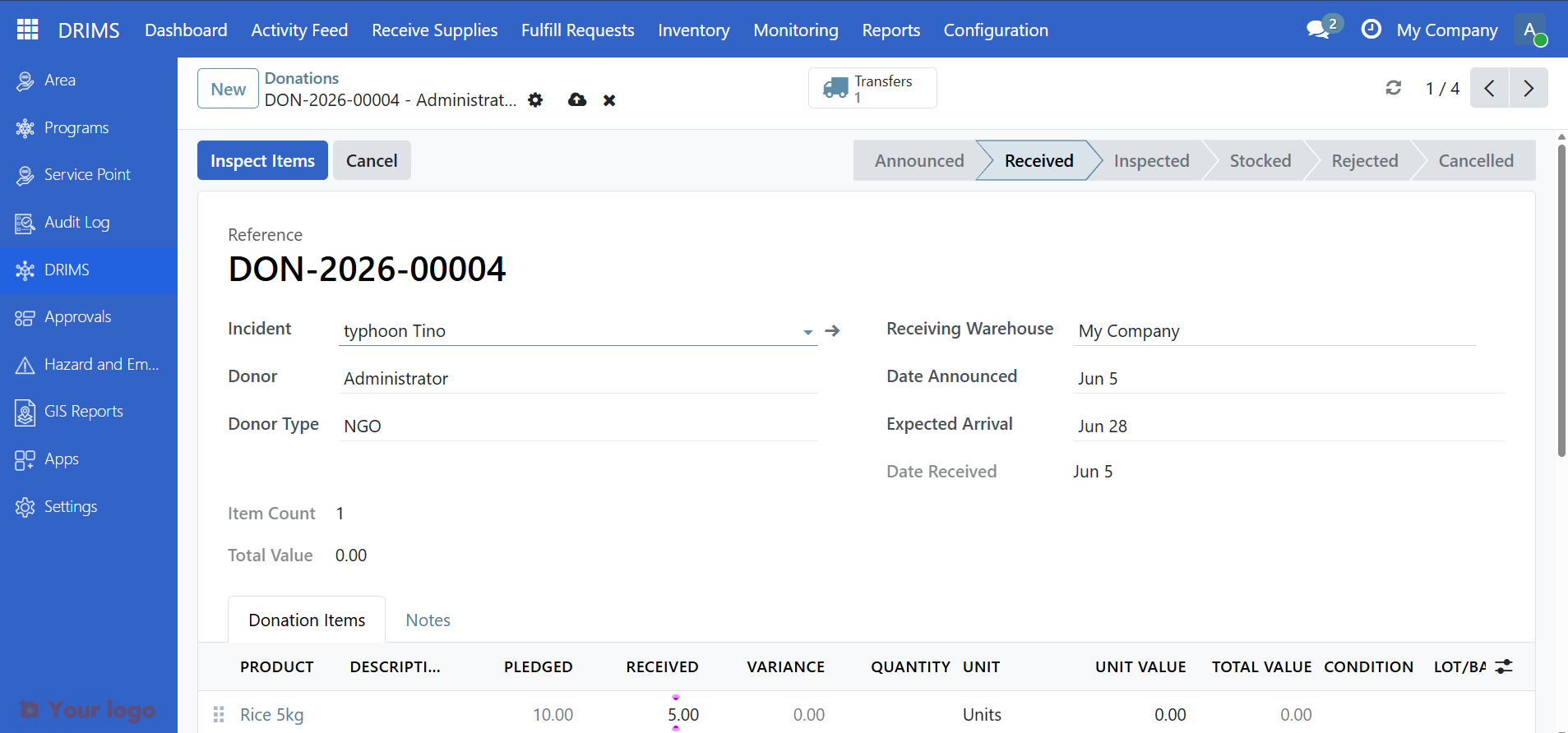 Donation items tab showing Pledged, Received, and Variance columns
