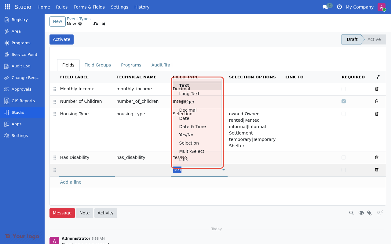 Field type dropdown showing available options