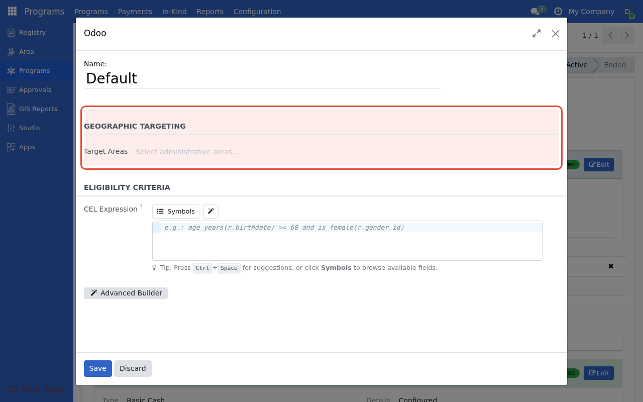 Target Areas section in eligibility manager