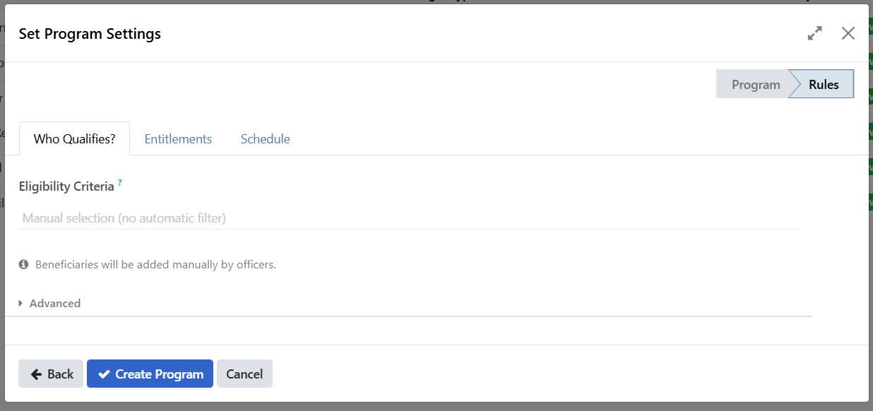 Program wizard showing configuration tabs including Who Qualifies?