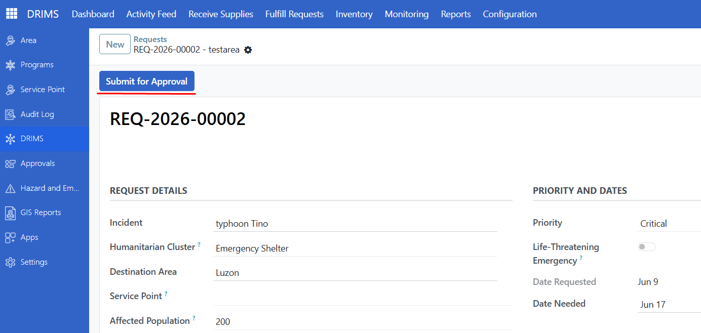 Submit for Approval button in the request form header
