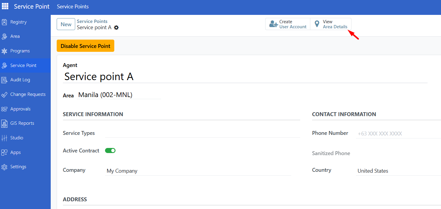 View Area Details button