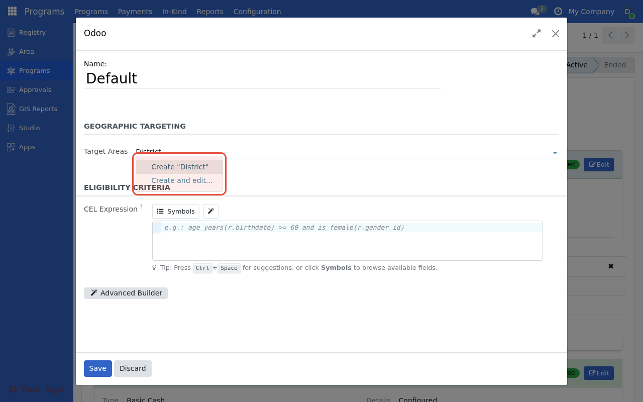 Area selection dropdown with search