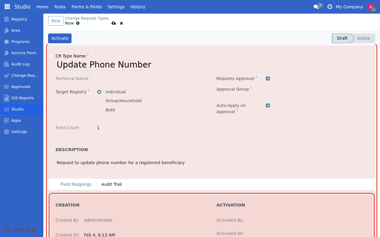 Audit Trail tab showing creation and activation history