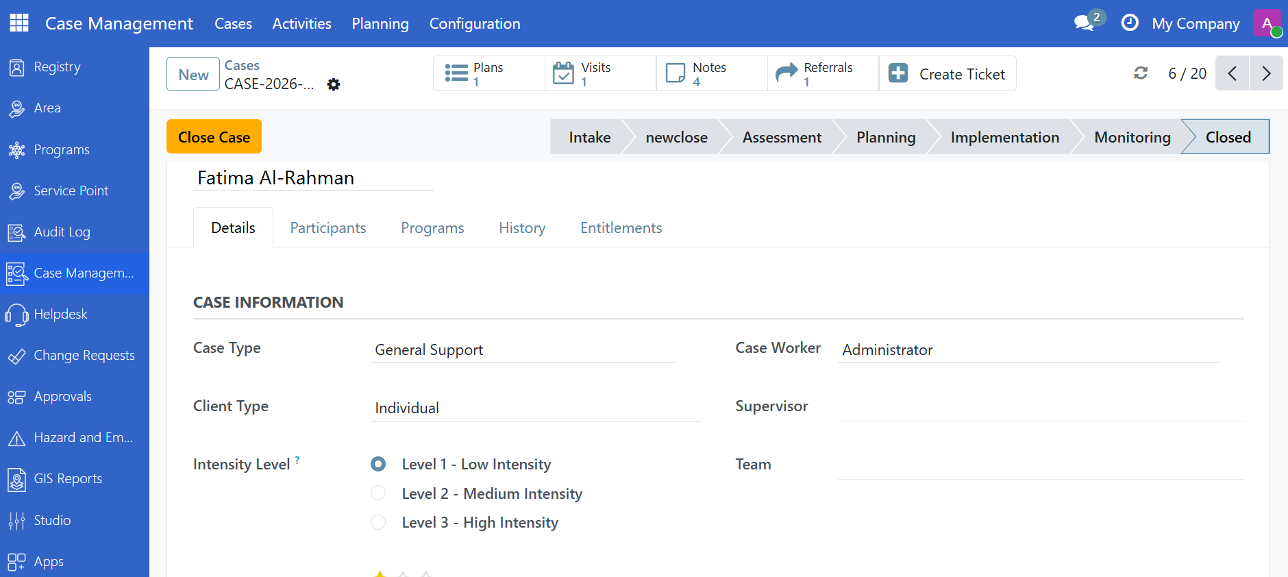 Case closure form showing closure reason dropdown and outcome field