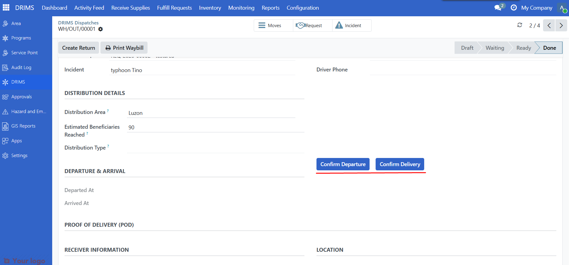 DRIMS tab showing Confirm Departure button in the Departure and Arrival section