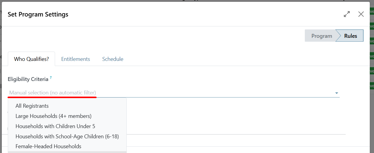 Eligibility criteria dropdown showing predefined options
